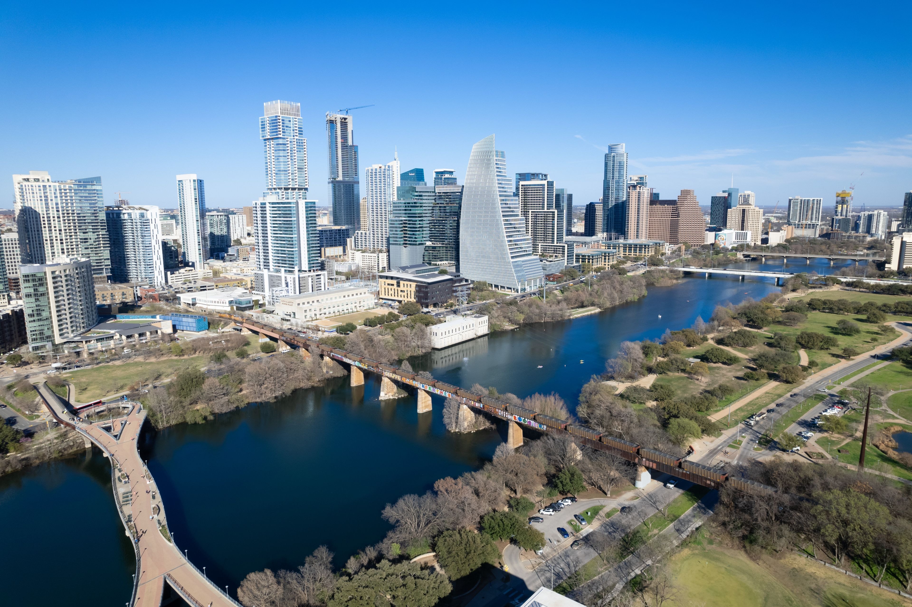 Aerial drone view of the downtown Austin skyline over Lady Bird Lake
